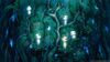 An anime still shows small, glowing creatures with big eyes standing on a tree