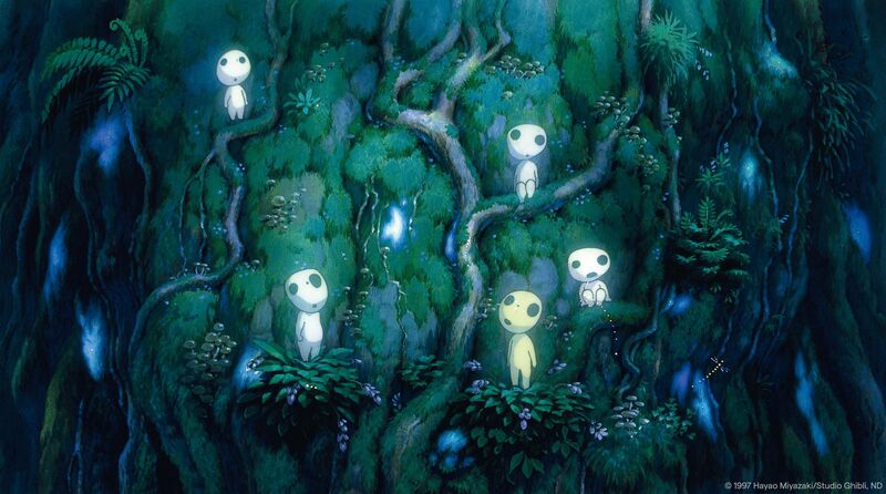 An anime still shows small, glowing creatures with big eyes standing on a tree