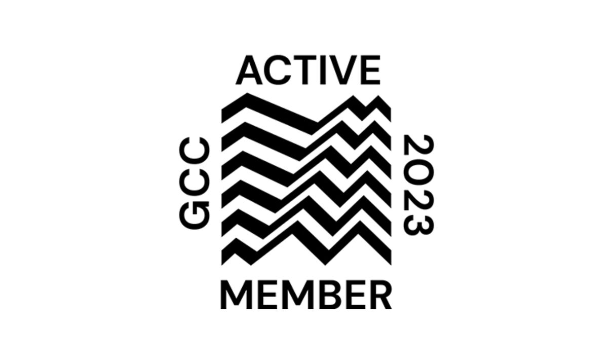 The Gallery Climate Coalition logo, which is black zig zags with the words 'ACTIVE GCC 2023 MEMBER' written on it.