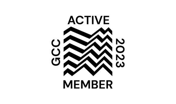 The Gallery Climate Coalition logo, which is black zig zags with the words 'ACTIVE GCC 2023 MEMBER' written on it.