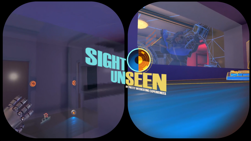 The Sight Unseen title screen shows a robot hand navigating through a dark room.