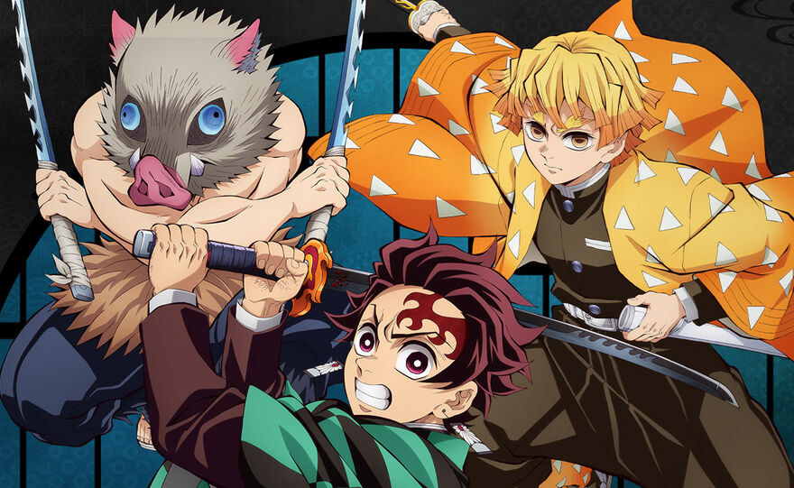 An anime still shows a human-pig hybrid, a boy with yellow hair and an orange kimono and a red-headed man holding a sword and grimacing