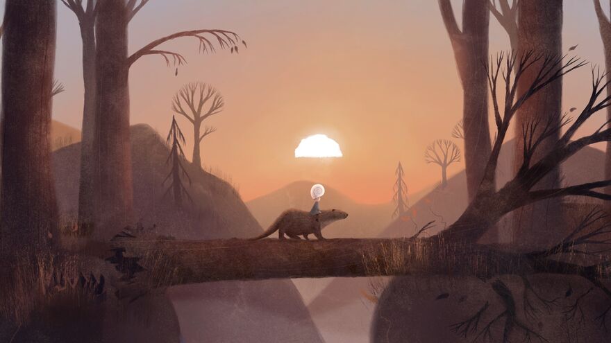 Animation still – a girl riding a giant otter through a beautiful forest.