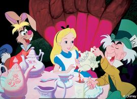 An animated still shows a little blonde girl enjoying a tea party with a rabbit and the mad hatter.