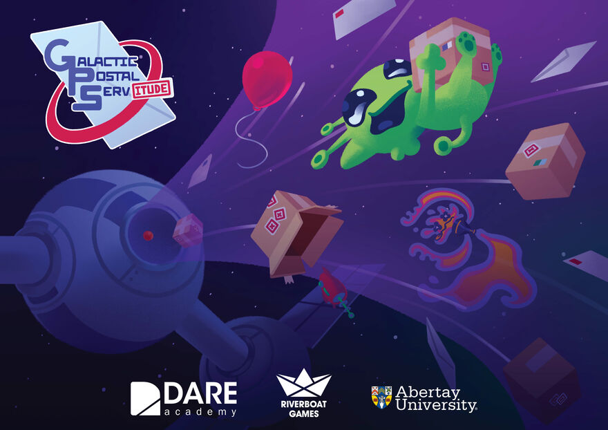 A animated scene of space with parcels and a small alien flying through space