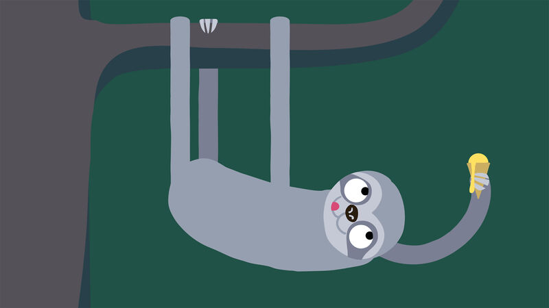 An animated sloth hangs from a tree.