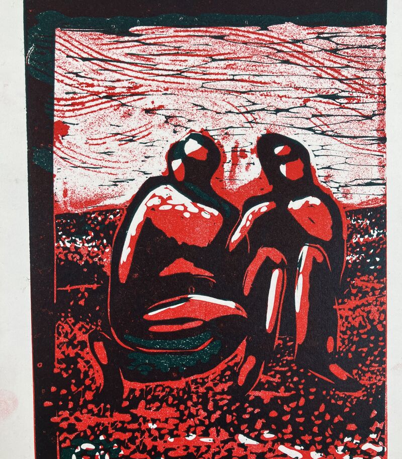 Red and black print of two figures