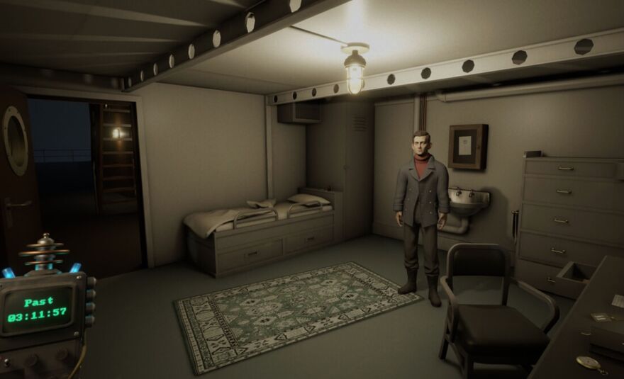 A game screenshot shows a man standing in a cabin of a ship