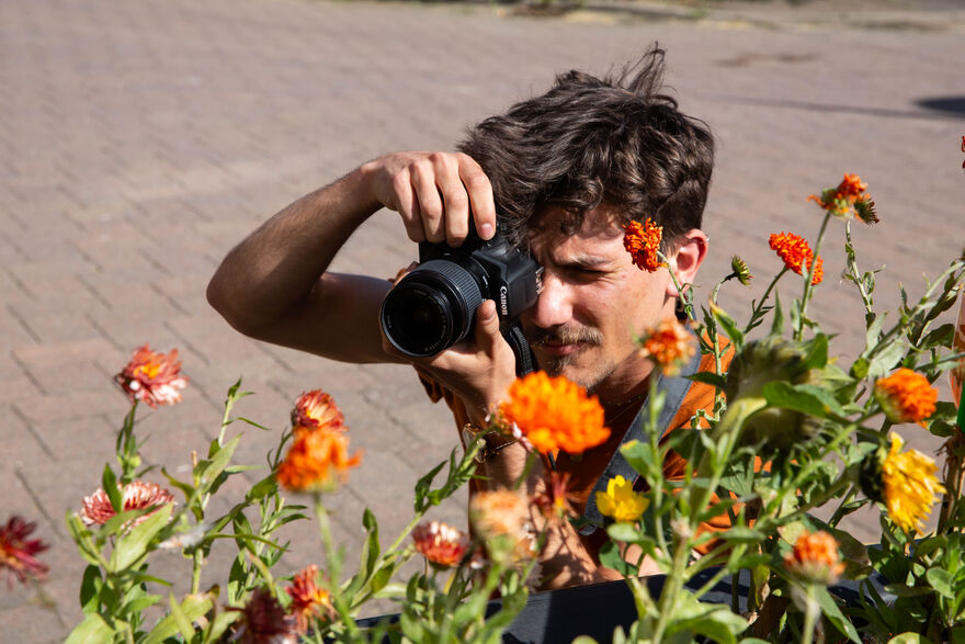 Person taking photos of flowers using a digital camera