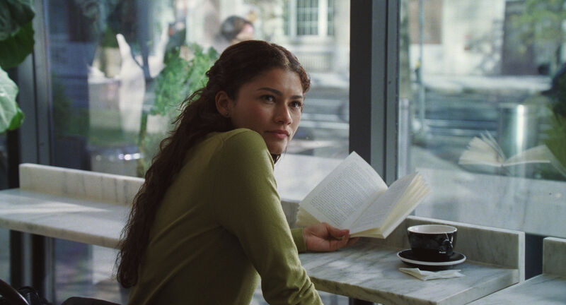 Zendaya with long hair, reads a book in a cafe.