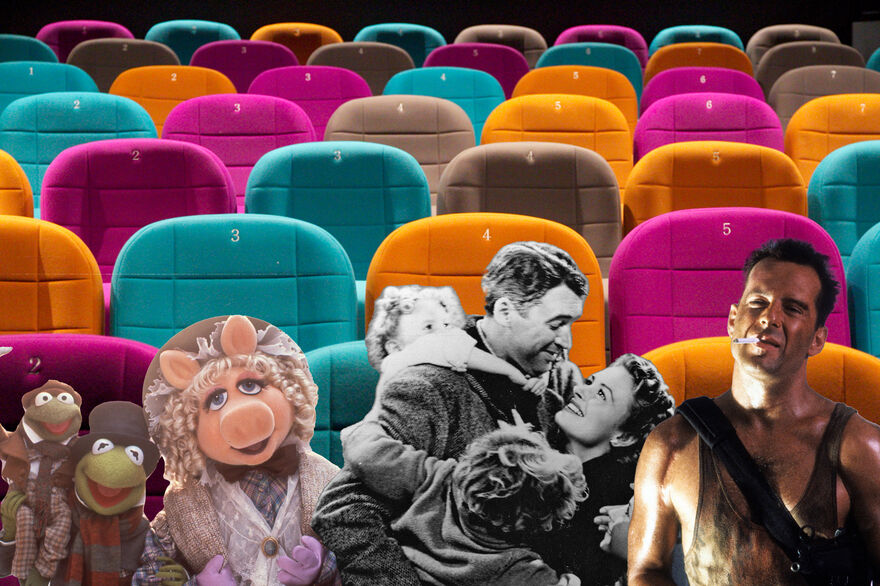 Kermit and Miss Piggy, the cast of It's a Wonderful Life, and Bruce Willis in Die Hard sit in DCA Cinema.