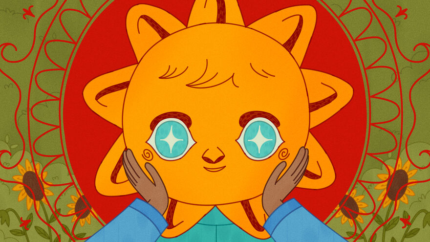 A smiling orange face with shining eyes is cradled by a pair of hands