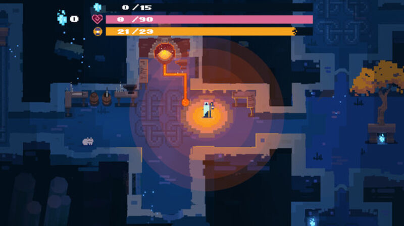 A screen grab from Into the Restless Ruins. A pixel art, top-down maze which is purple.