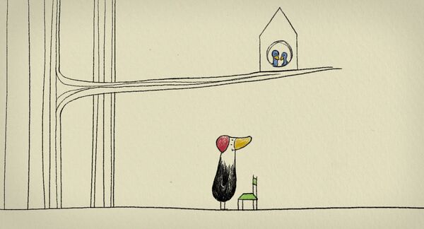 Animation still – a bird looks hopefully at a bird box for much smaller birds