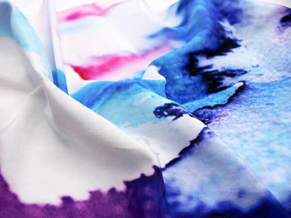 Close up of Tay Series II Small Silk Scarf with blue, purple and pink painterly marks