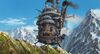 A giant steam-powered castle on legs walks through the mountains