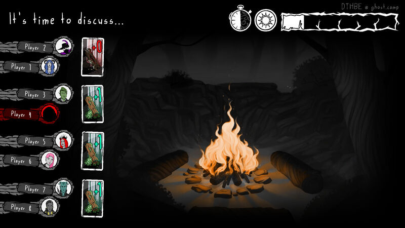 A screen grab from the game Forest of Deceit. The main picture is of a camp fire. There are lots of player icons on the screen, and the words 'It's time to discuss...'.