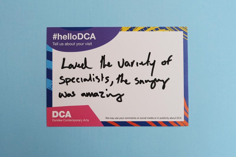 Handwritten feedback card: 'Loved the variety of specialists, the singing was amazing.'