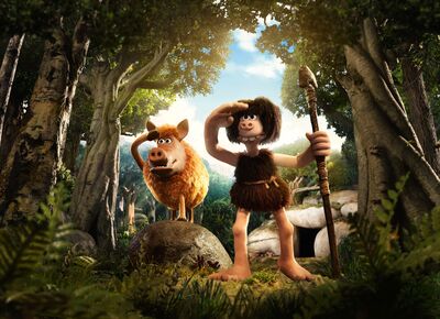 A claymation boar and man stare into the woods