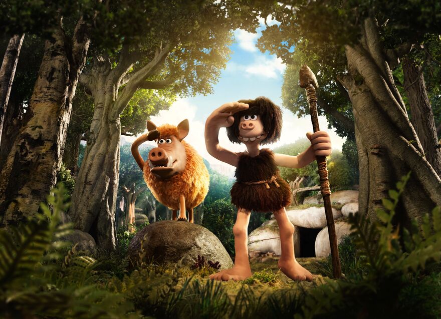 A claymation boar and man stare into the woods