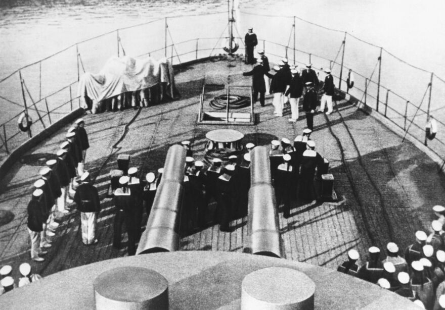 Black and white image of the front of a ship