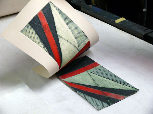 Abstract collograph print being created