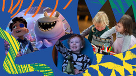 Collage of stills from Elio and images of children in the cinema and doing creative activities