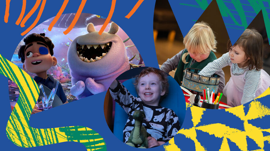 Collage of stills from Elio and images of children in the cinema and doing creative activities