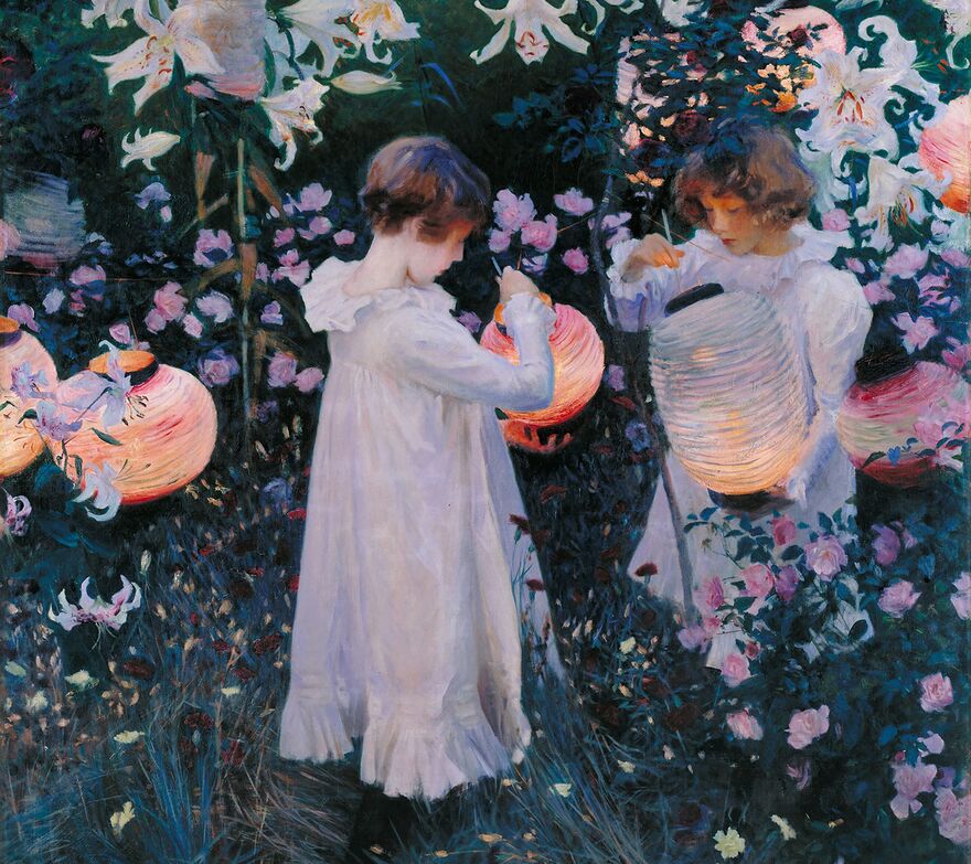John Singer Sargent painting shows two small girls painting paper lanterns, surrounded by pink roses and lilies.