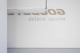 word printed on a gallery wall, goodbye in reverse and denios sauros