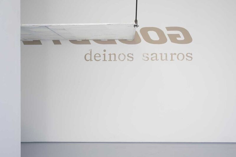 word printed on a gallery wall, goodbye in reverse and denios sauros