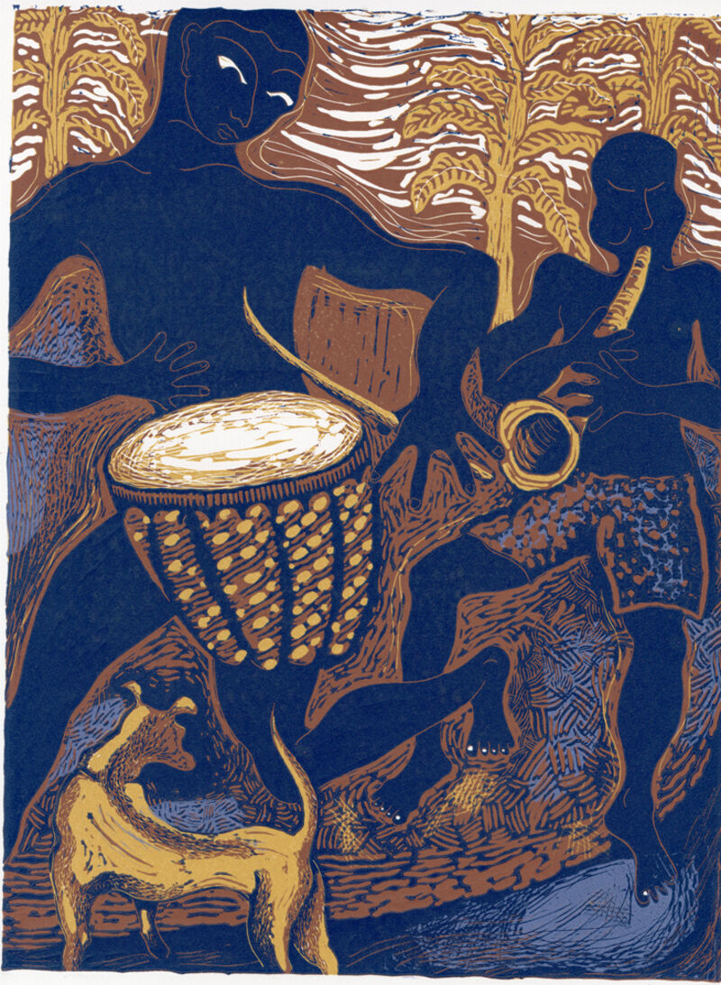 Lino cut of people playing musical intruments