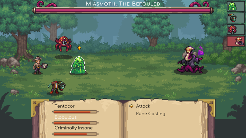 A screen grab of the game Book of Abominations. Small fantasy creatures fight in a green forest. A health bar at the top of the image says 'Miasmoth, the Befouled'. A book is open at the bottom of the page with other characters names on it.