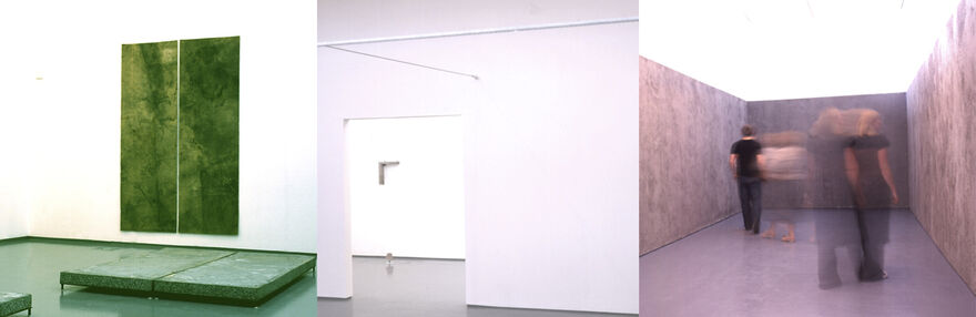 A selection of images from Miroslaw Balka's exhibition at DCA. In the first image, a forest green, textured canvas hangs on the white walls. The floors are green and there is a green platform on the floor. In image two, a white gallery room is shown. In image three, three motion-blurred people walk through a grey room.