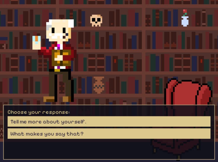 A pixellated man stands in a study asking the player questions