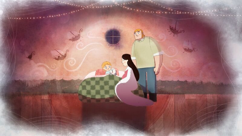 Two parents tuck their child into bed.