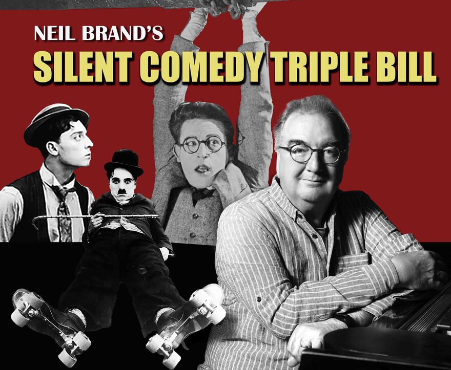 Neil Brand sits at a piano, while images of silent film stars can be seen in the background, with Harold Lloyd, Buster Keaton and Charlie Chaplin.