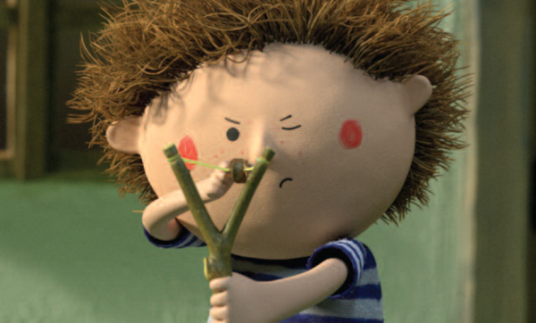 Animation still: A boy aims a catapult