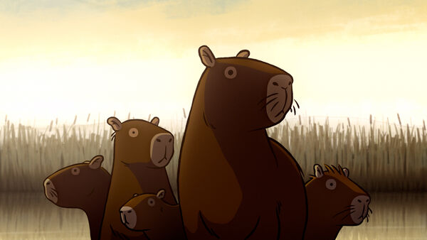 Animated still of a family of Capybaras