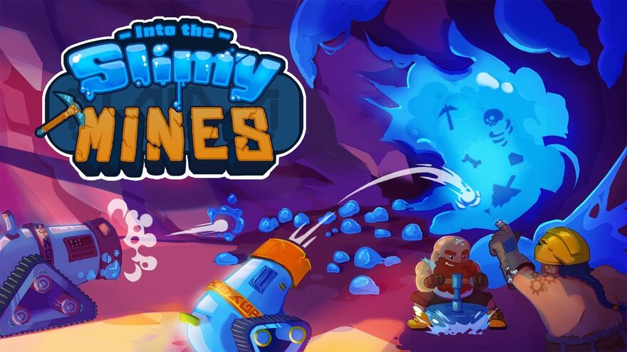 The title screen from the game Into the Slimy Mines shows cannons shooting slime at a small miner.