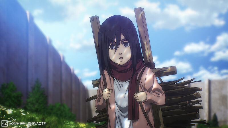 An anime still shows a young girl with a red scarf carrying wood.