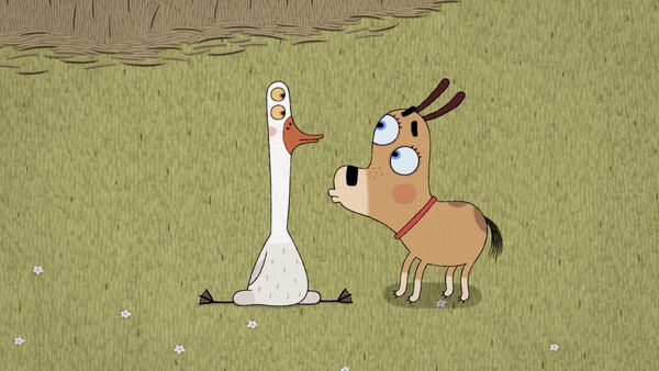 A cartoon goose and a dog meet one another