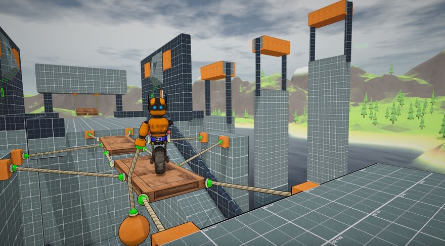An orange robot navigates a maze made out of cubes.
