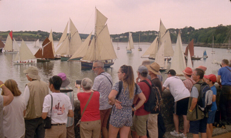 A crowd of people watch yachts sail in a bay.