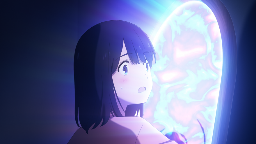 A scene from the anime film Lonely Castle in the Mirror shows a young girl looking surprised at the sight of a glowing mirror.