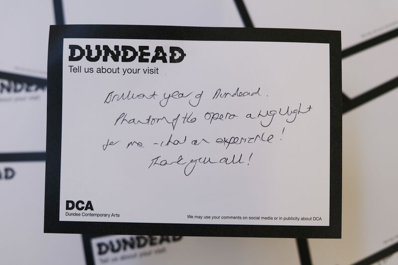 Handwritten Dundead comment card: Brilliant year of Dundead. Phantom of the Opera a highlight for me - what an experience! Thank you all!