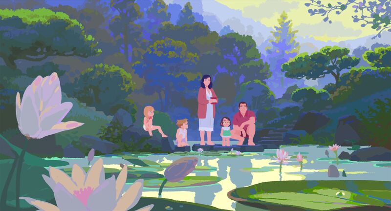 An animated film still shows a family with young children standing at the edge of a lily pond