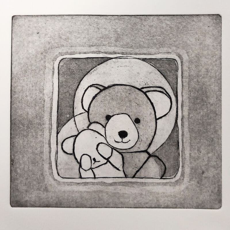 Aquatint print of two teddy bears