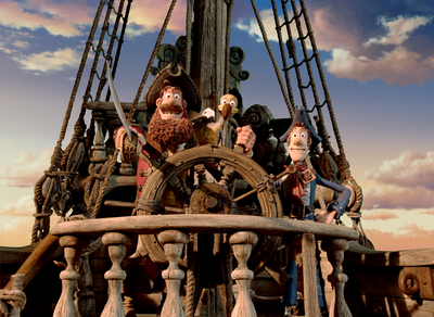Claymation pirates assemble behind the ship's wheel