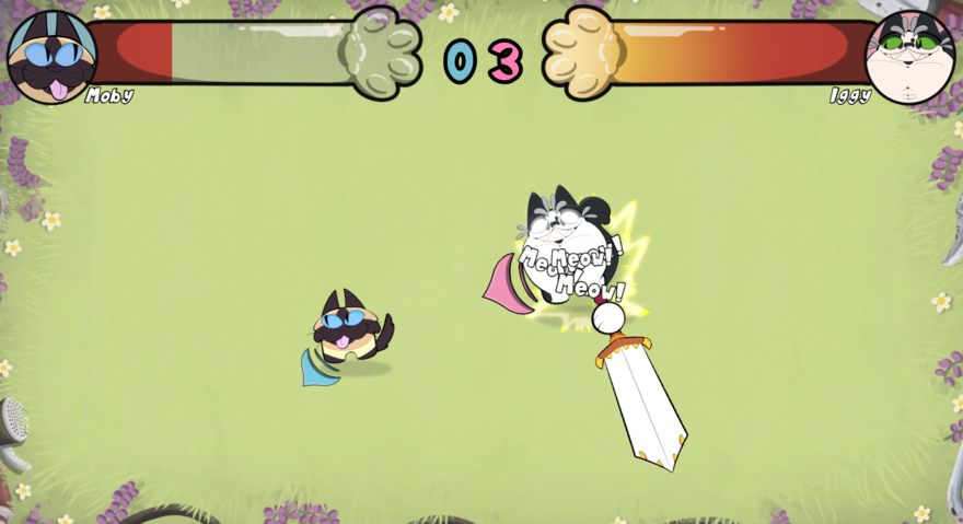 Two cats face off in a battle in a video game